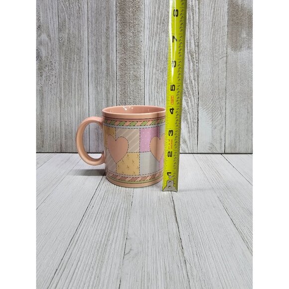 Vintage Russ Berrie Heart Patchwork Coffee Tea Mug Cup Pink 4'' Tall - Set Of 4 - Picture 5 of 5